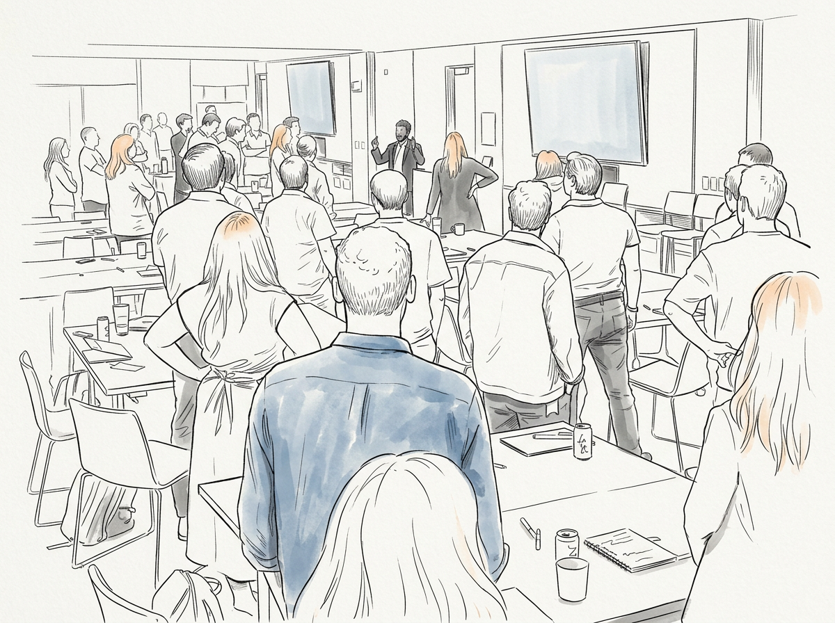 Illustration of participants standing together at a wellness gathering