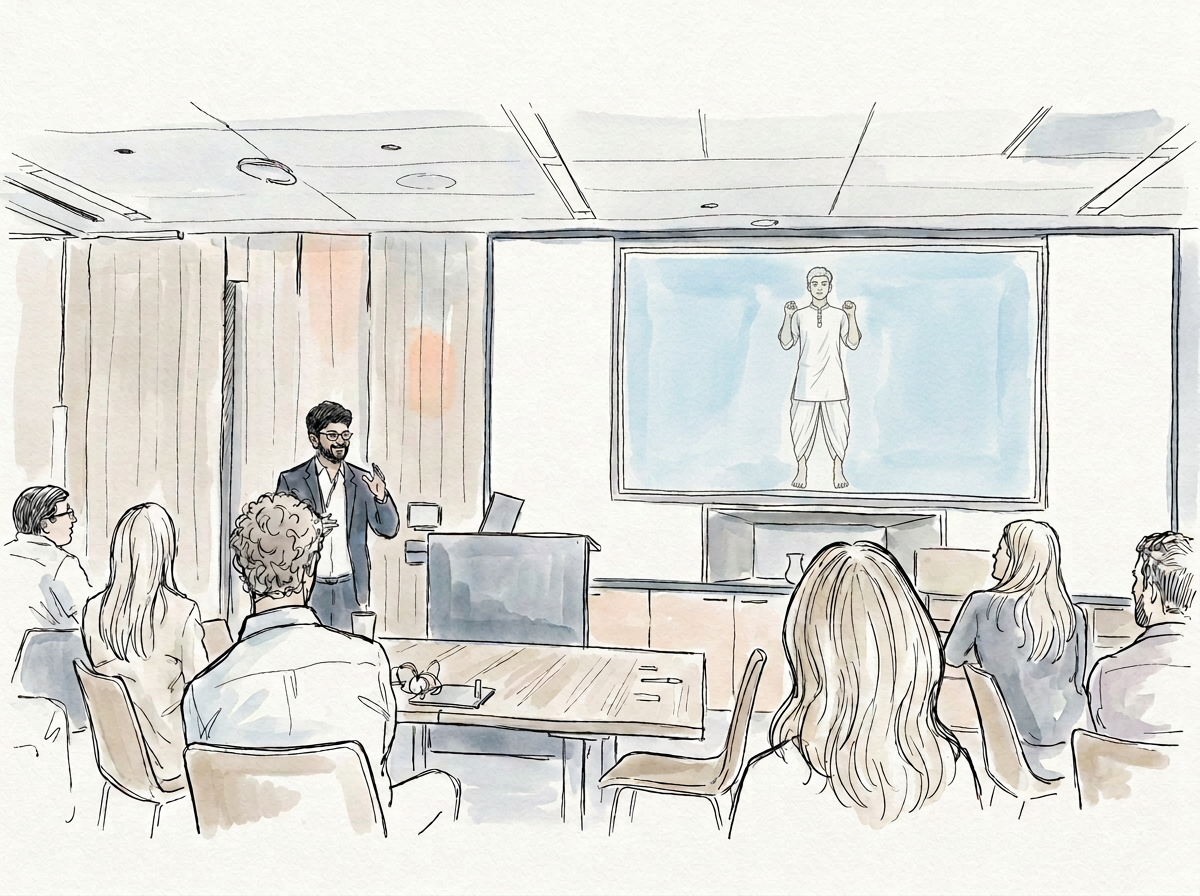 Illustration of a presenter speaking to attendees at the wellness gathering